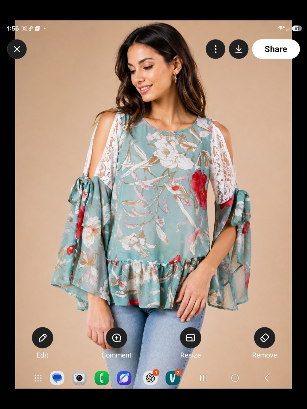 Kori Sage Floral Cold-Shoulder Blouse with Lace